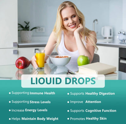 A promotional graphic for Liquid Drops featuring a smiling blonde woman sitting at a kitchen table with a glass of orange juice, a bowl of cereal, and apples. Text overlays read 'LIQUID DROPS' and list health benefits such as supporting immune health, stress levels, energy, digestion, attention, cognitive function, body weight, and skin.