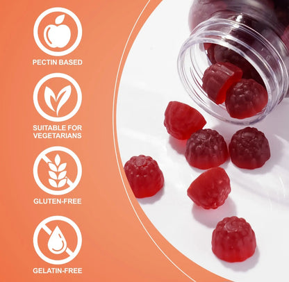 Red gummy bears with health benefits icons on an orange background