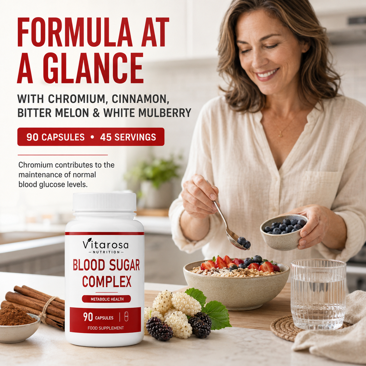 Woman preparing breakfast beside Vitarosa Blood Sugar Complex with chromium