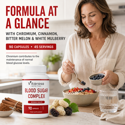 Woman preparing breakfast beside Vitarosa Blood Sugar Complex with chromium