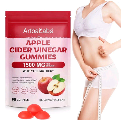 ArtoaLabs Apple Cider Vinegar Gummies package shown next to a model in a white sports bra and underwear measuring her waist with a tape measure. The package is red and white with illustrations of apples and text indicating 90 gummies at 1500 mg per serving.
