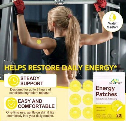 Woman exercising with energy patches displayed, highlighting benefits and branding.