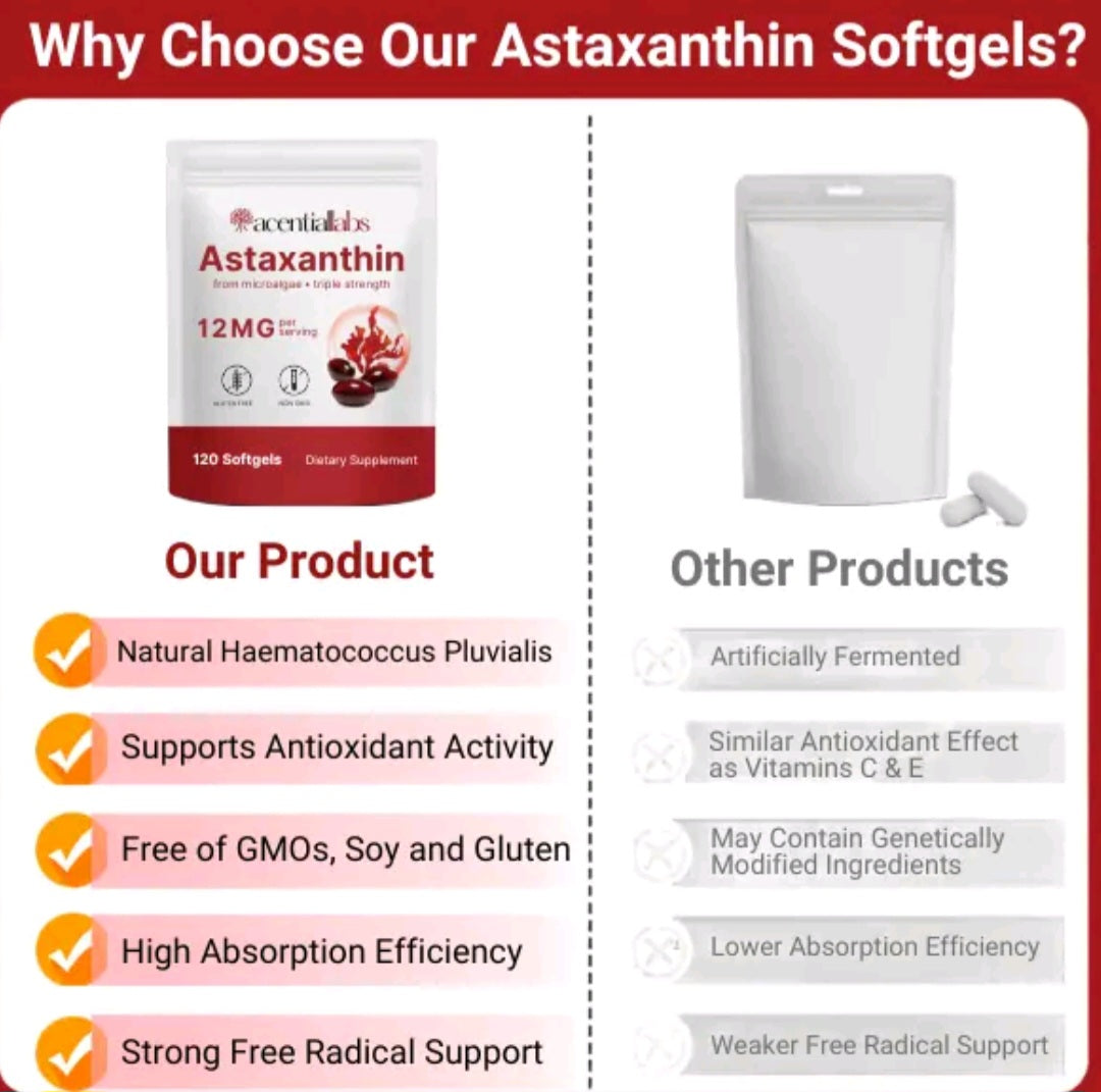A promotional comparison graphic for astaxanthin softgels. The left side shows the 'Occidental Kids' Astaxanthin supplement pouch with a list of benefits, while the right side shows a generic white stand-up pouch labeled 'Other Products' with a comparison list.