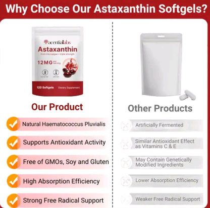 A promotional comparison graphic for astaxanthin softgels. The left side shows the 'Occidental Kids' Astaxanthin supplement pouch with a list of benefits, while the right side shows a generic white stand-up pouch labeled 'Other Products' with a comparison list.