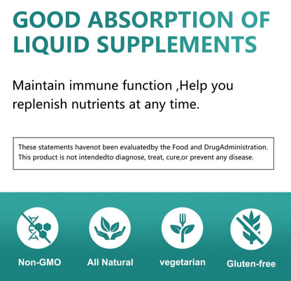 A promotional graphic with the headline 'GOOD ABSORPTION OF LIQUID SUPPLEMENTS' and text about maintaining immune function and replenishing nutrients. A boxed disclaimer appears in the center, and the bottom features four teal-and-white icons labeled Non-GMO, All Natural, vegetarian, and Gluten-free.