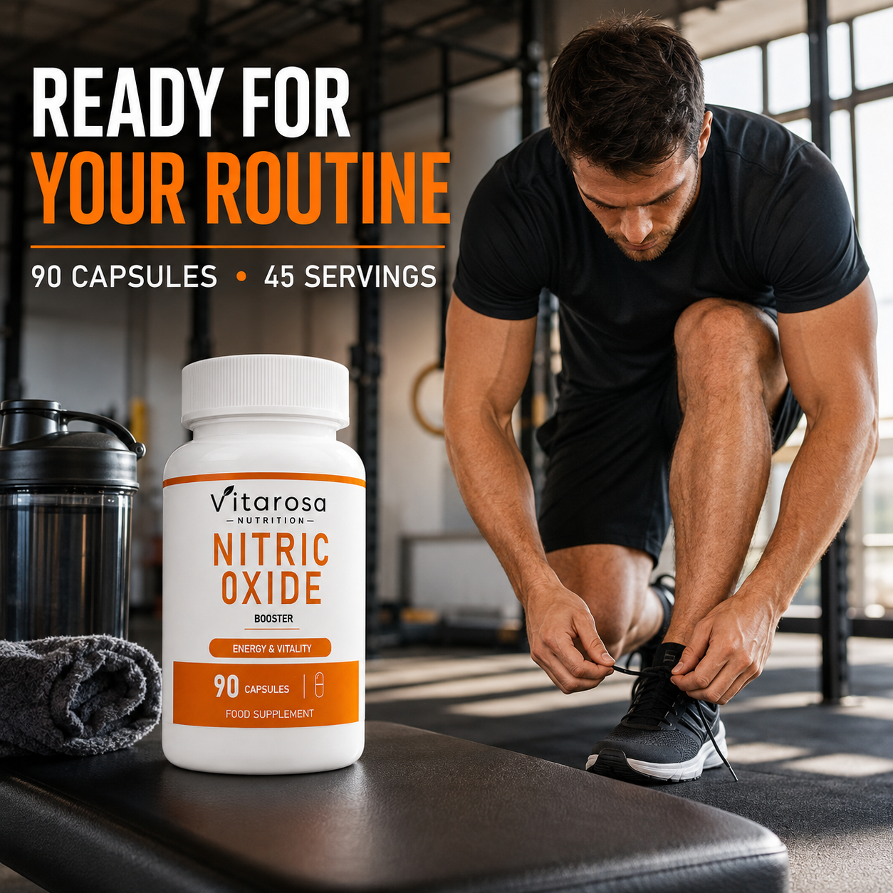 Man preparing for exercise beside Vitarosa Nitric Oxide Booster bottle