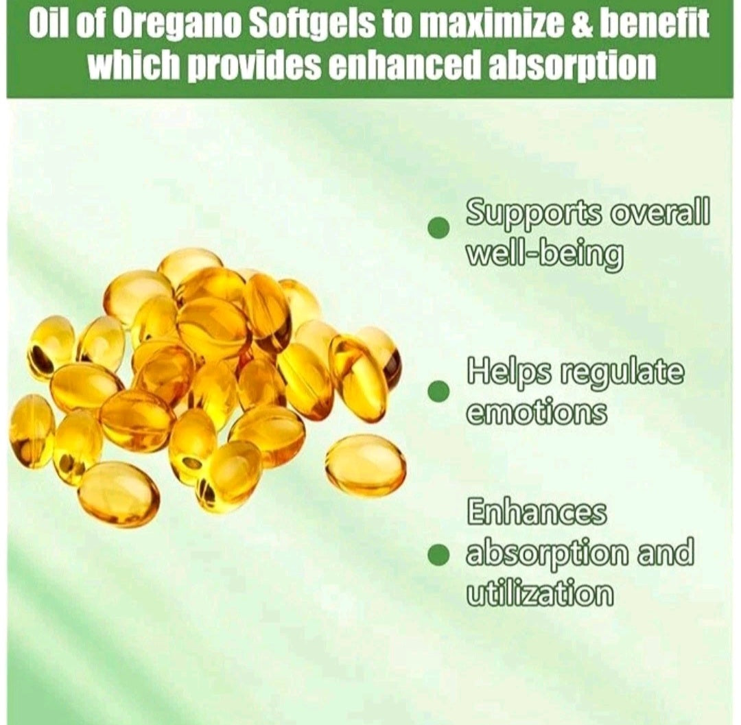 Oil of Oregano softgels with benefits listed on a green background