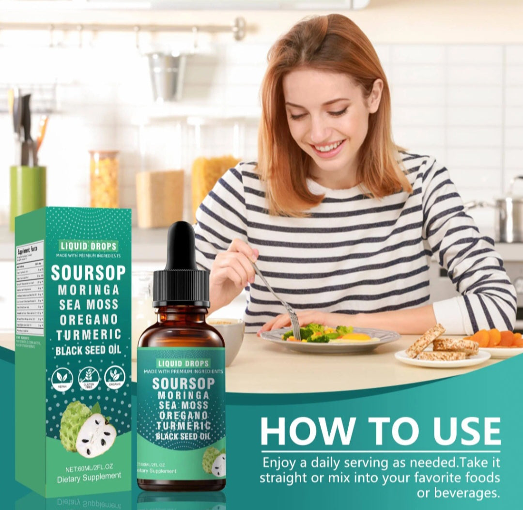 A woman in a striped shirt sits at a kitchen table using a fork, with a bottle and box of Liquid Drops Soursop Moringa Sea Moss Oregano Turmeric Black Seed Oil prominently displayed in the foreground. A teal 'HOW TO USE' banner overlays the bottom right.