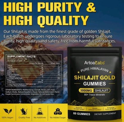 Shilajit Gold Gummies packaging with supplement facts and mountain background