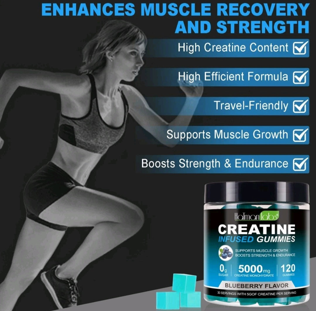 Creatine gummies packaging with a woman exercising on a black background, highlighting product features.
