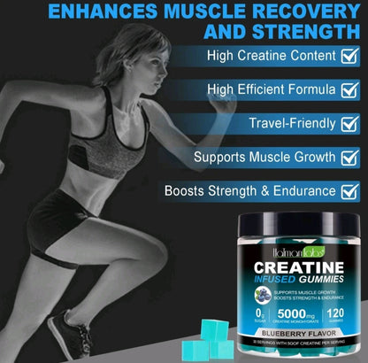 Creatine gummies packaging with a woman exercising on a black background, highlighting product features.