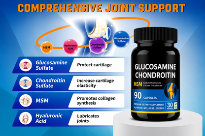 Glucosamine supplement bottle with joint support benefits on a blue background