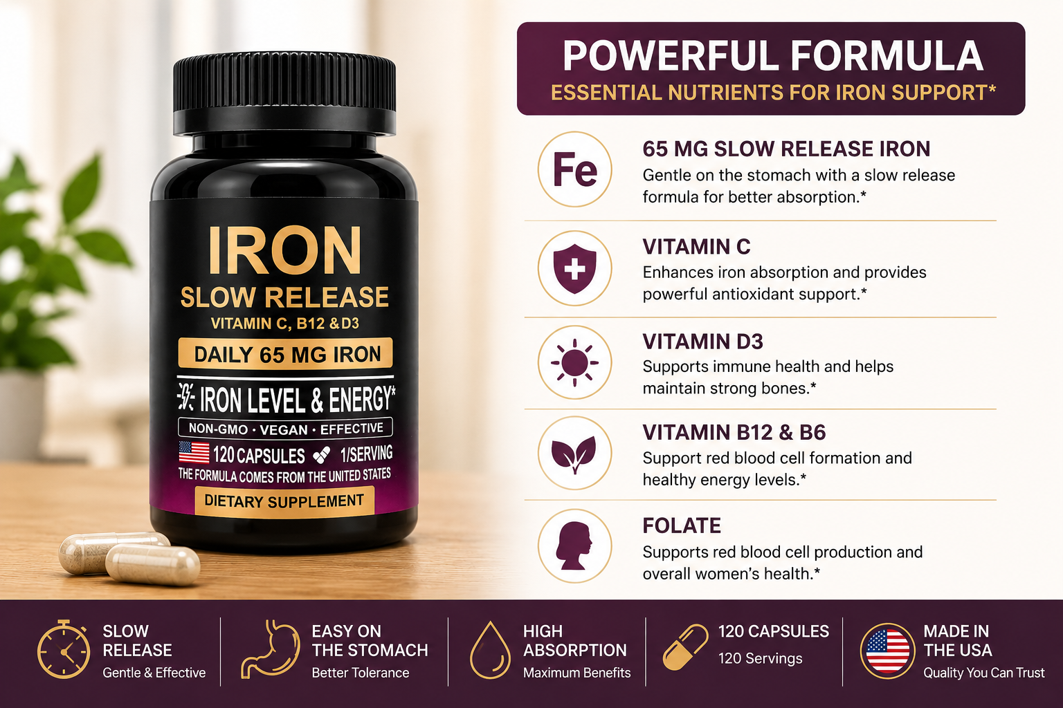 Iron supplement bottle with label detailing ingredients and benefits on a wooden surface.