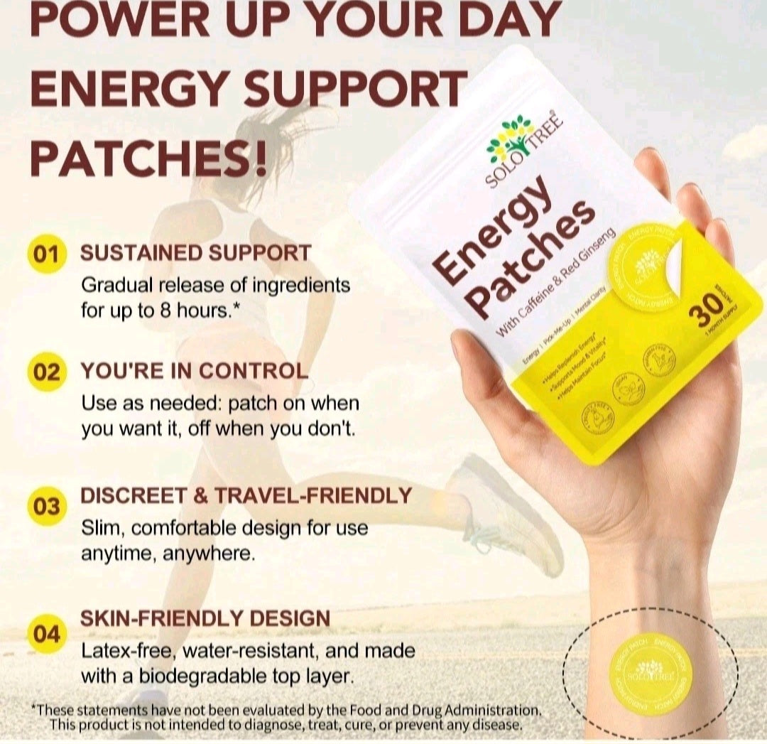 Advertisement for energy patches with a hand holding a box and a patch applied to skin.