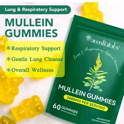 Mullein gummies packaging with text highlighting lung and respiratory support on a white background.