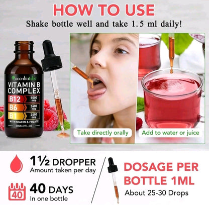 Vitamin B complex bottle with usage instructions and images of taking the supplement.