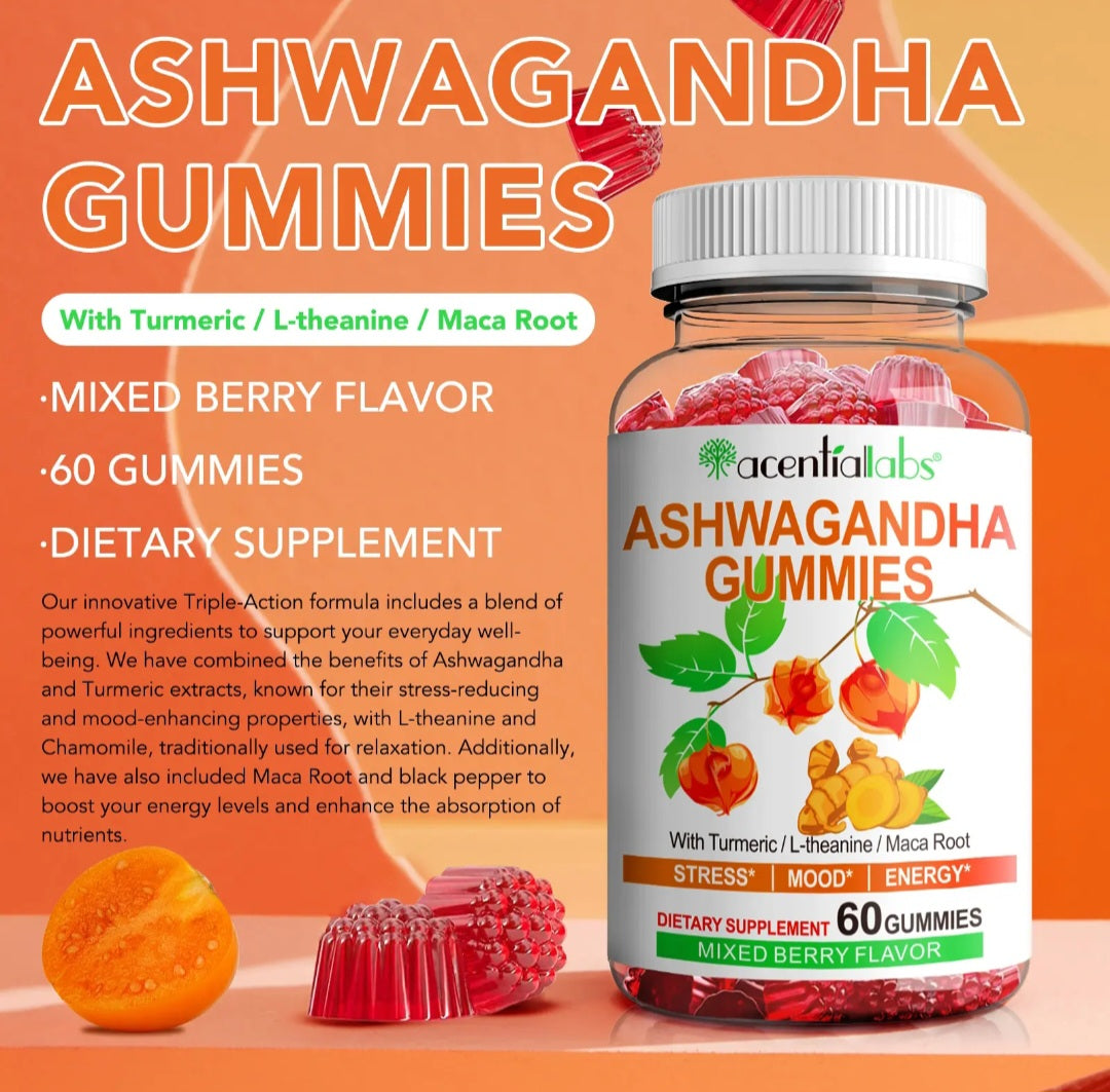 Bottle of Ashwagandha gummies with mixed berry flavor on an orange background