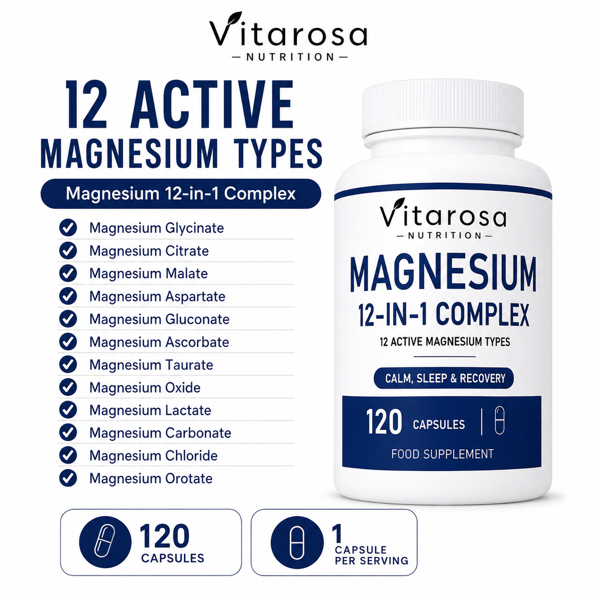 Vitarosa Magnesium 12-in-1 Complex bottle with the 12 magnesium forms and 120-capsule details