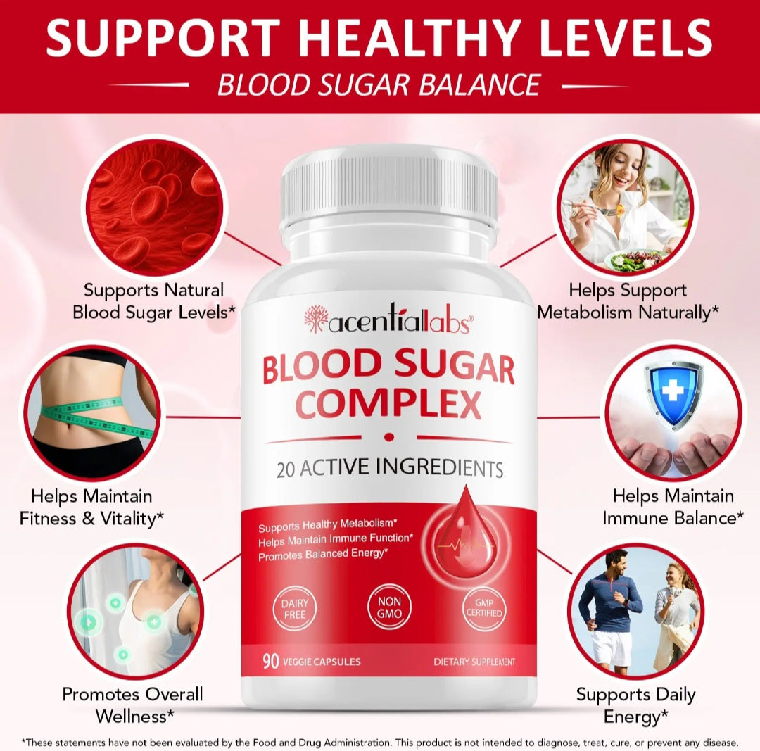 Acentialabs Blood Sugar Complex supplement bottle with health benefits on a red background