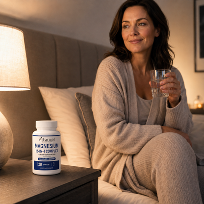 Woman holding water beside Vitarosa Magnesium 12-in-1 Complex during an evening routine