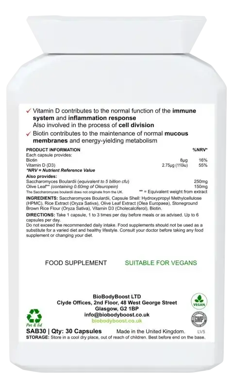BioBodyBoost SaccharoMyTum Saccharomyces Boulardii – 30 Capsules – ingredients and directions label