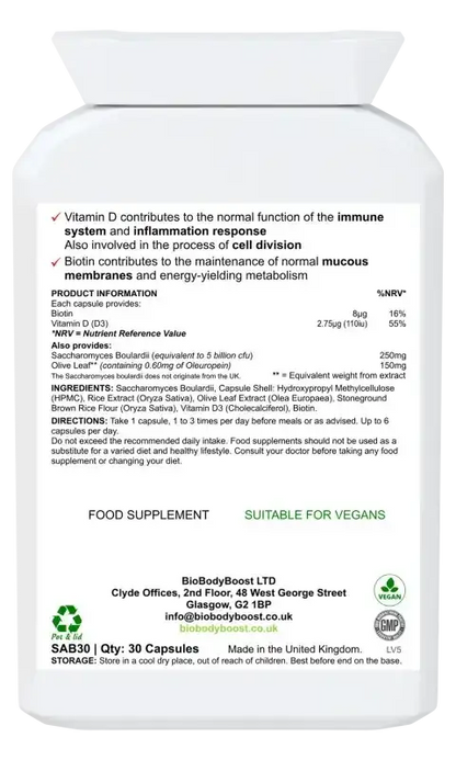 BioBodyBoost SaccharoMyTum Saccharomyces Boulardii – 30 Capsules – ingredients and directions label