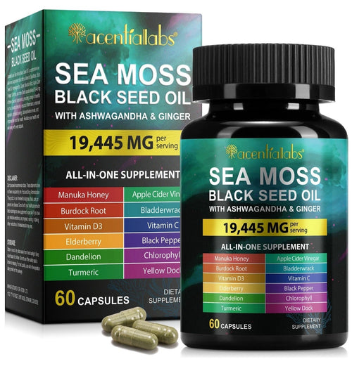 Sea Moss Black Seed Oil supplement capsules with Ashwagandha and Ginger by Acential Labs, showing bottle and packaging on a white background.