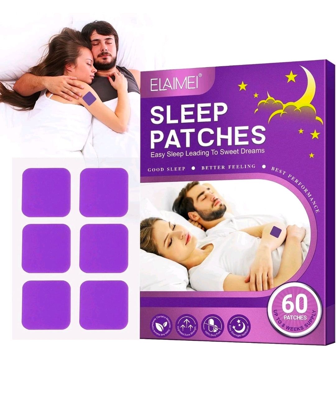 Sleep support patches box with overnight relaxation patches and bedtime wellness design