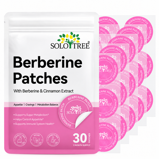 Solotree Berberine Patches – 30 Patches pouch and matching patch sheets on a white background