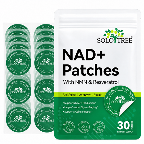 Solotree NAD+ Patches with NMN & Resveratrol – 30 Patches pouch and matching patch sheets on a white background