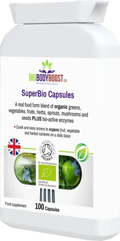 BioBodyBoost SuperBio Organic Greens Blend – 100 Capsules – product packaging, view 3