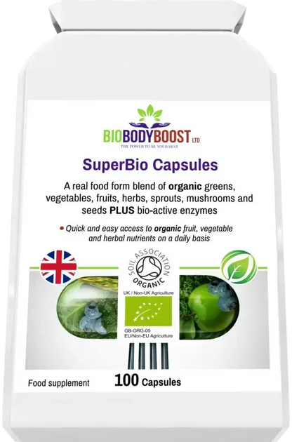 BioBodyBoost SuperBio Organic Greens Blend – 100 Capsules – product packaging, view 6