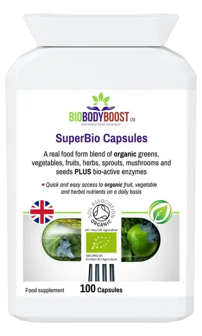 BioBodyBoost SuperBio Organic Greens Blend – 100 Capsules – product packaging, view 1