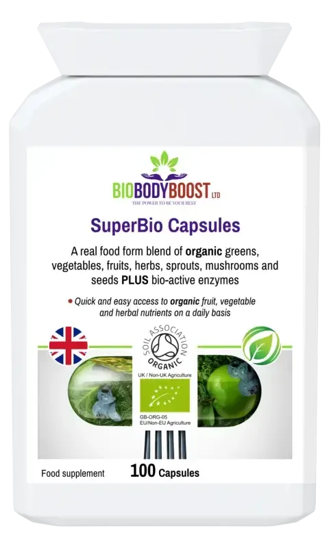 BioBodyBoost SuperBio Organic Greens Blend – 100 Capsules – product packaging, view 1