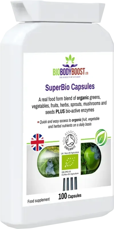 BioBodyBoost SuperBio Organic Greens Blend – 100 Capsules – product packaging, view 4