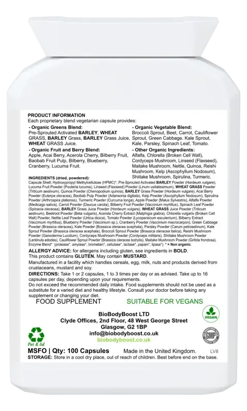 BioBodyBoost SuperBio Organic Greens Blend – 100 Capsules – ingredients and directions label