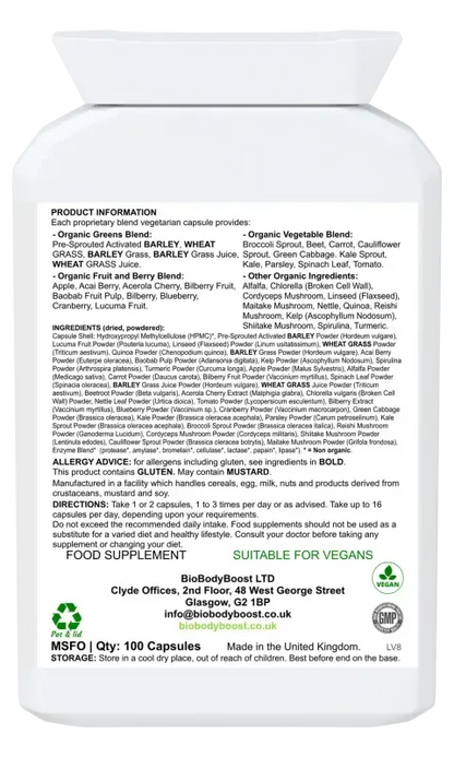 BioBodyBoost SuperBio Organic Greens Blend – 100 Capsules – ingredients and directions label