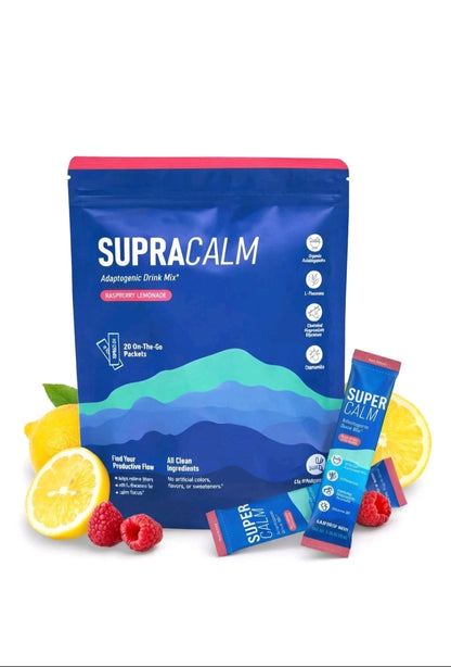 SupraCalm stress support drink mix powder with raspberry lemonade flavour sachets