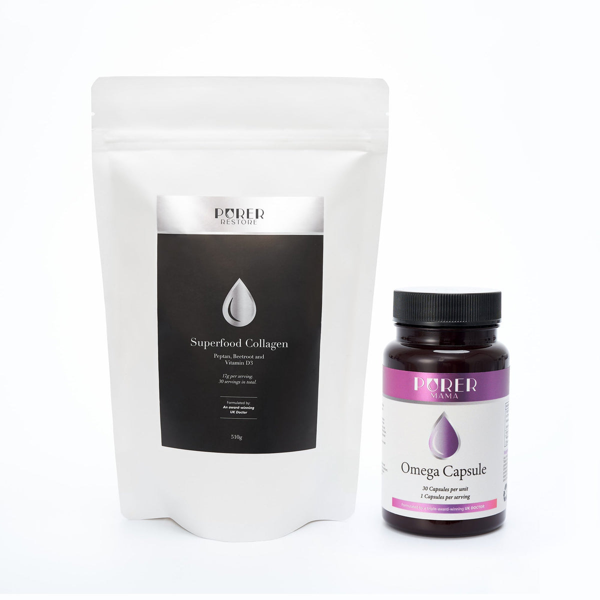 BePurer The Brain Bundle – Restore Collagen & Omega – Restore collagen pouch and Omega Capsule bottle