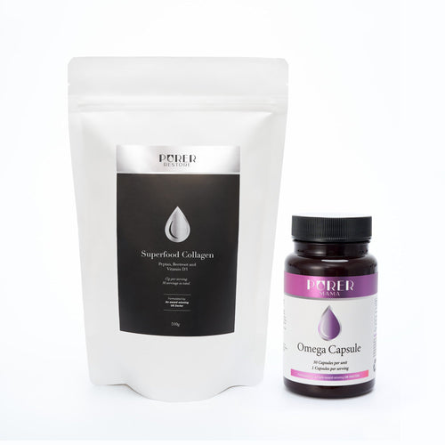 BePurer The Brain Bundle – Restore Collagen & Omega – Restore collagen pouch and Omega Capsule bottle