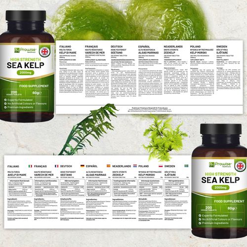Prowise Sea Kelp 2000mg – 200 Tablets – bottle labels and multilingual ingredient panels