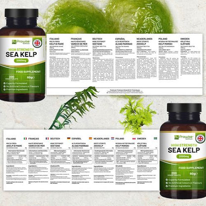 Prowise Sea Kelp 2000mg – 200 Tablets – bottle labels and multilingual ingredient panels