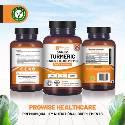 Prowise Organic Turmeric, Ginger & Black Pepper 1440mg – 120 Capsules – back labels with ingredients and serving amounts