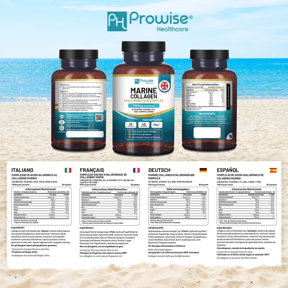 Prowise Marine Collagen & Hyaluronic Acid Complex – 90 Capsules – bottle labels and multilingual ingredient panels