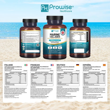 Prowise Marine Collagen & Hyaluronic Acid Complex – 90 Capsules – bottle labels and multilingual ingredient panels
