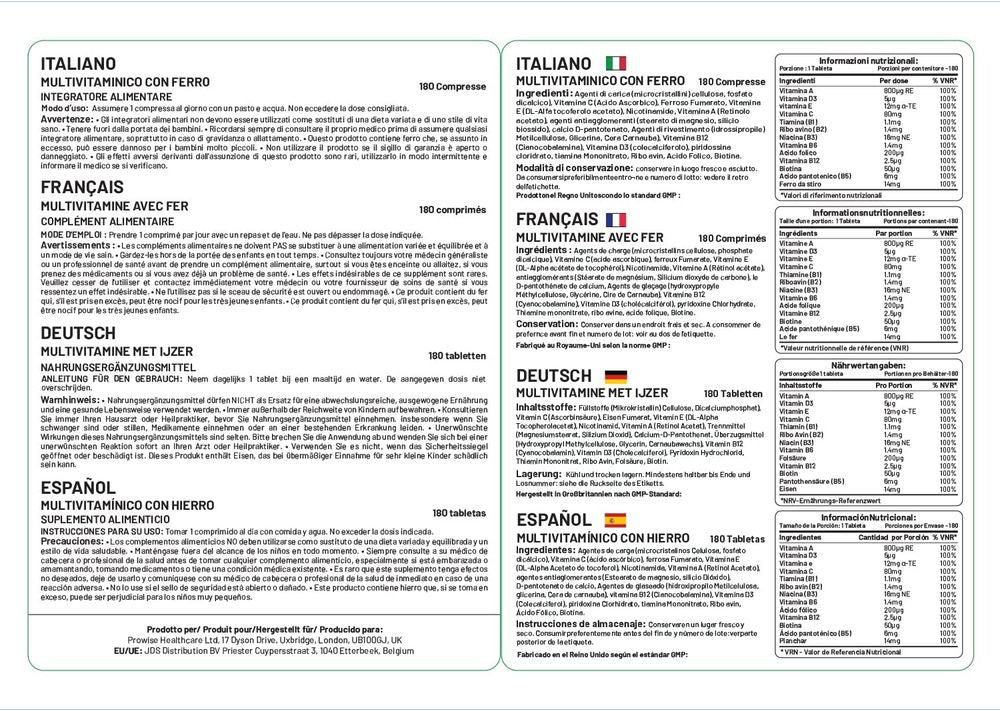 Prowise Multivitamin & Iron – 180 Tablets – multilingual ingredient and serving panels
