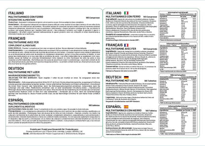 Prowise Multivitamin & Iron – 180 Tablets – multilingual ingredient and serving panels