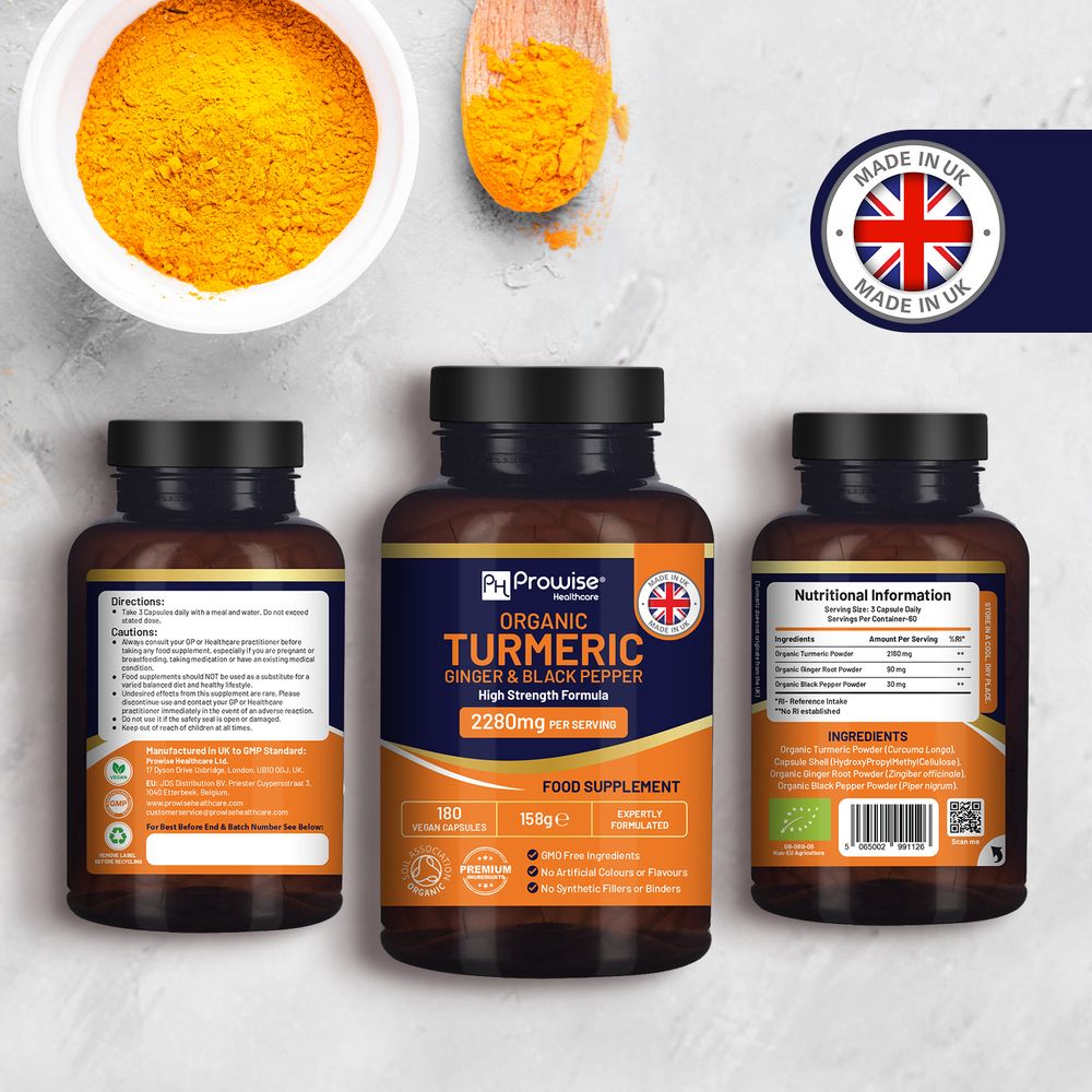 Prowise Healthcare Organic Turmeric, Ginger & Black Pepper – 180 Capsules – front and rear bottles with ingredient information