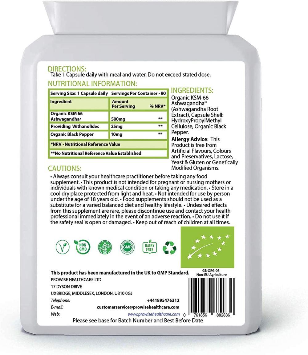 Prowise Healthcare KSM-66 Ashwagandha 500mg – 90 Capsules – rear label with ingredients and directions