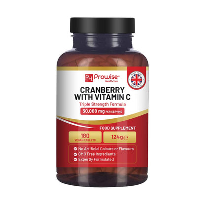 Prowise Cranberry 30,000mg Equivalent & Vitamin C – 180 Tablets – front of 180-tablet cranberry pack